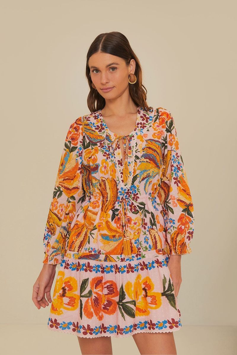 Besticktes Mini-Kleid mit Tropen-Print