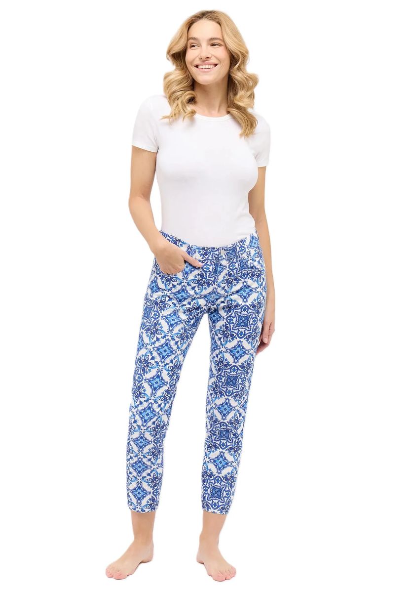 Slim-Jeans mit blauem Ornament-Print
