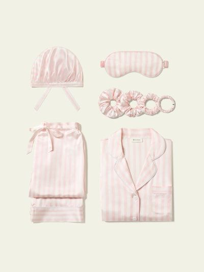 Gestreiftes Seidenpyjama- und Zubehör-Set