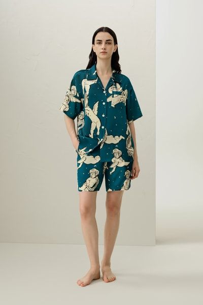 Seidenpyjama-Set mit Zwilling-Motiv