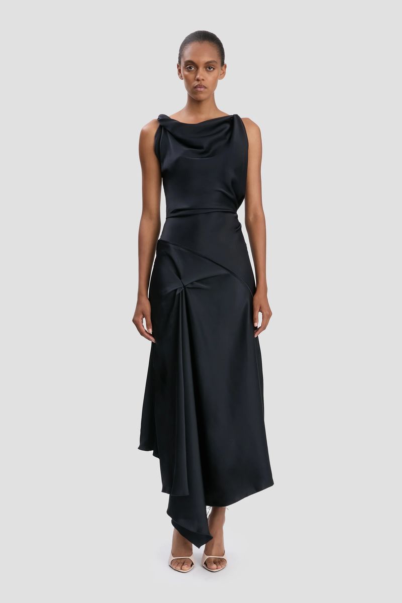 Drapiertes Satin-Midikleid mit asymmetrischem Saum