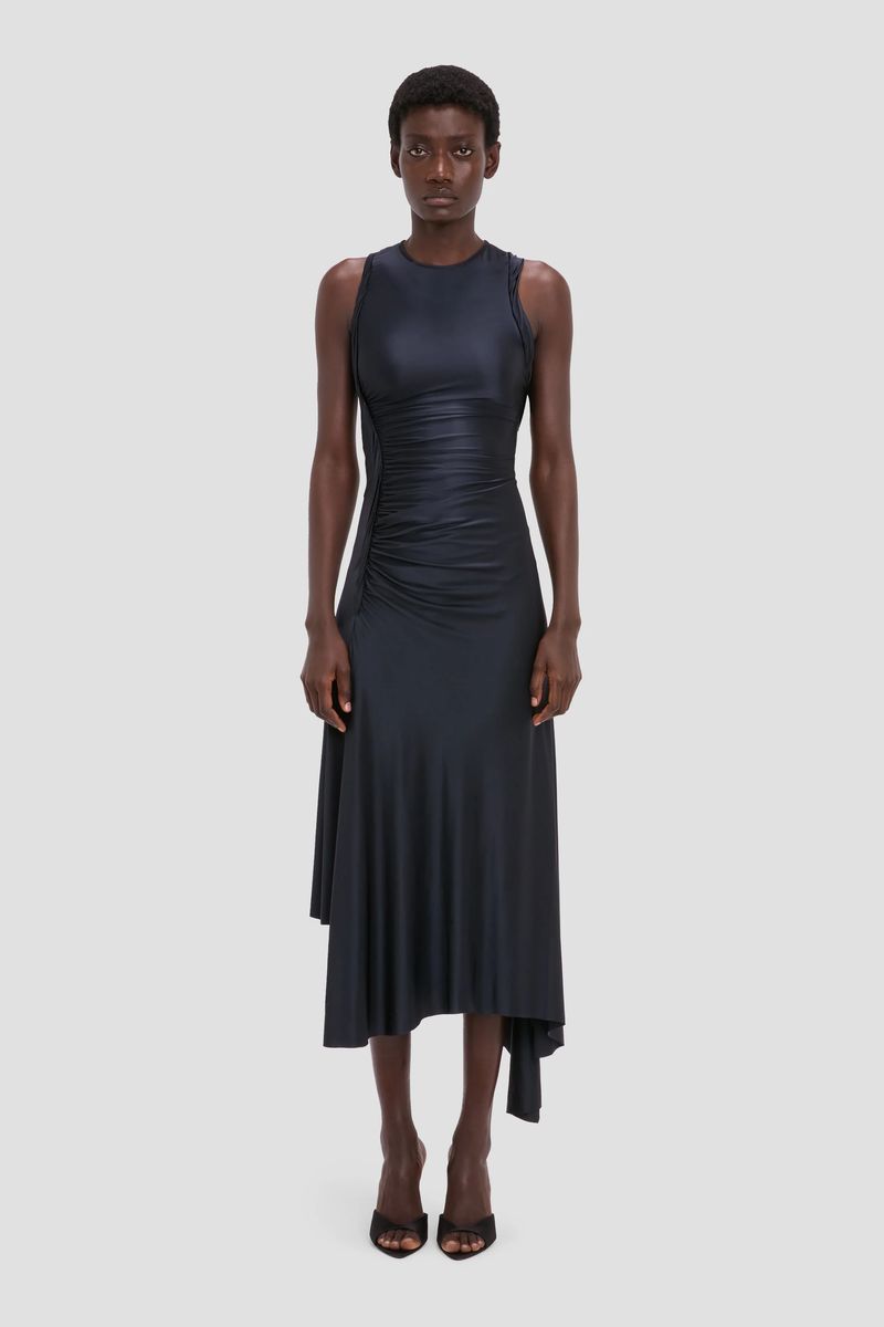 Ärmelloses Midikleid mit Raffung