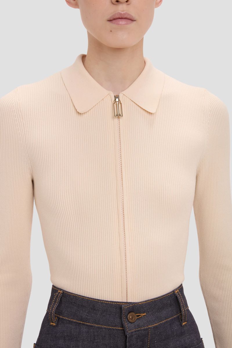 Geripptes Poloshirt mit Reißverschluss