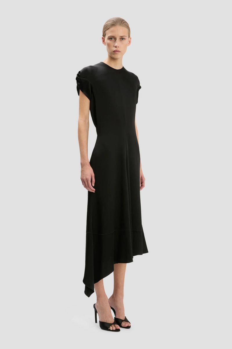 Asymmetrisches Midikleid mit Knotenschultern
