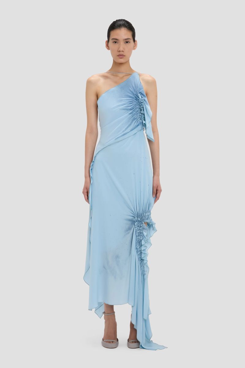 Asymmetrisches Midikleid aus Seide mit Smok