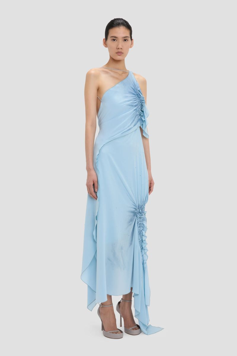 Asymmetrisches Midikleid aus Seide mit Smok
