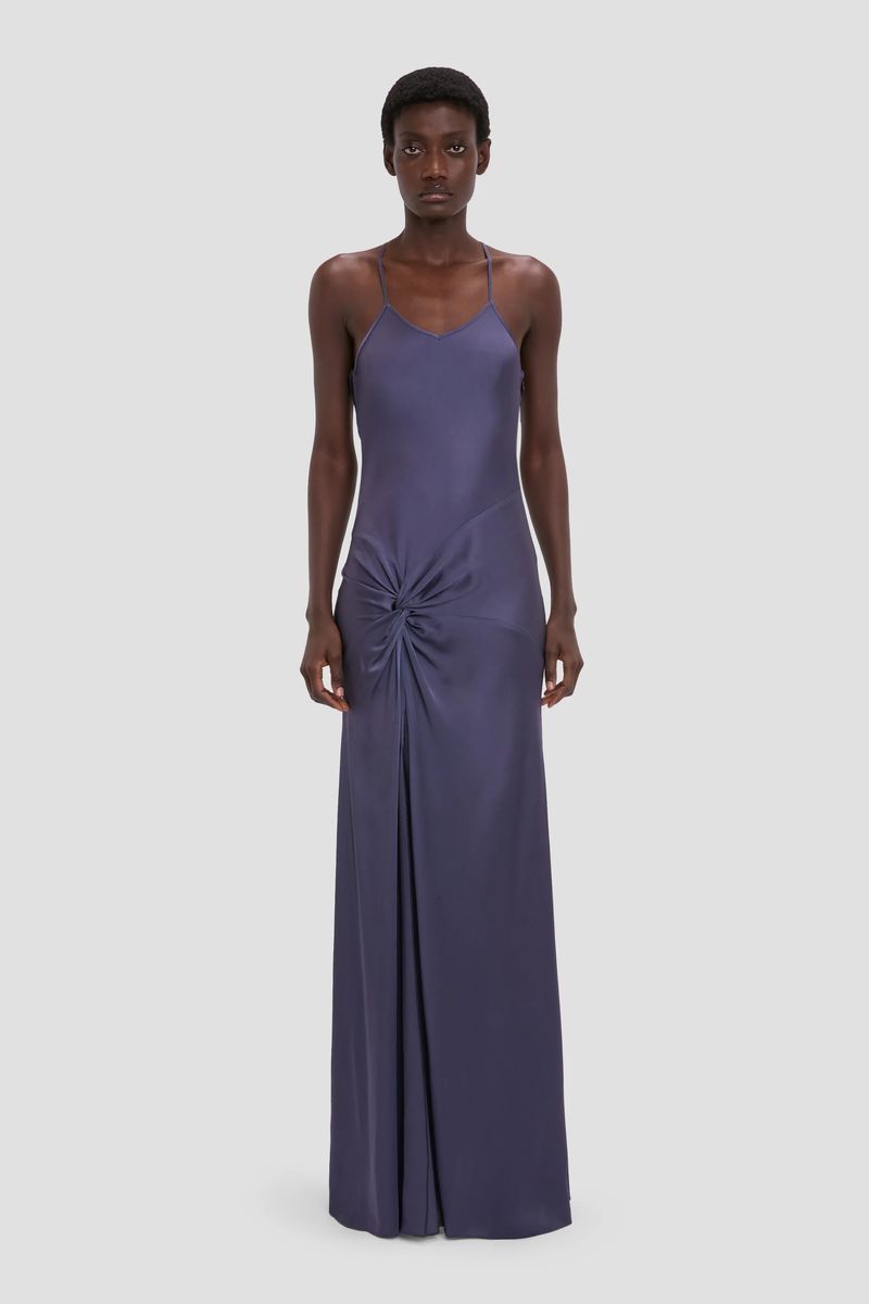 Drapiertes Satin-Abendkleid mit Knoten