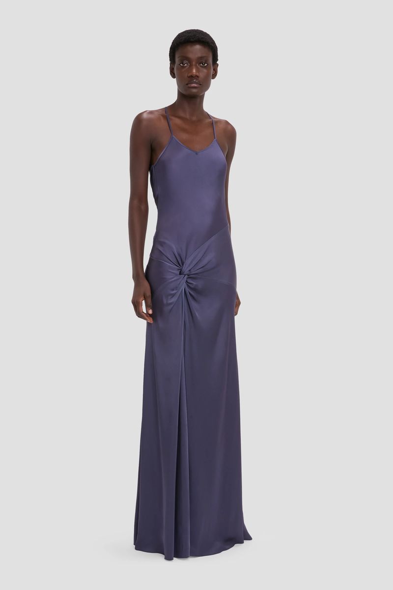 Drapiertes Satin-Abendkleid mit Knoten