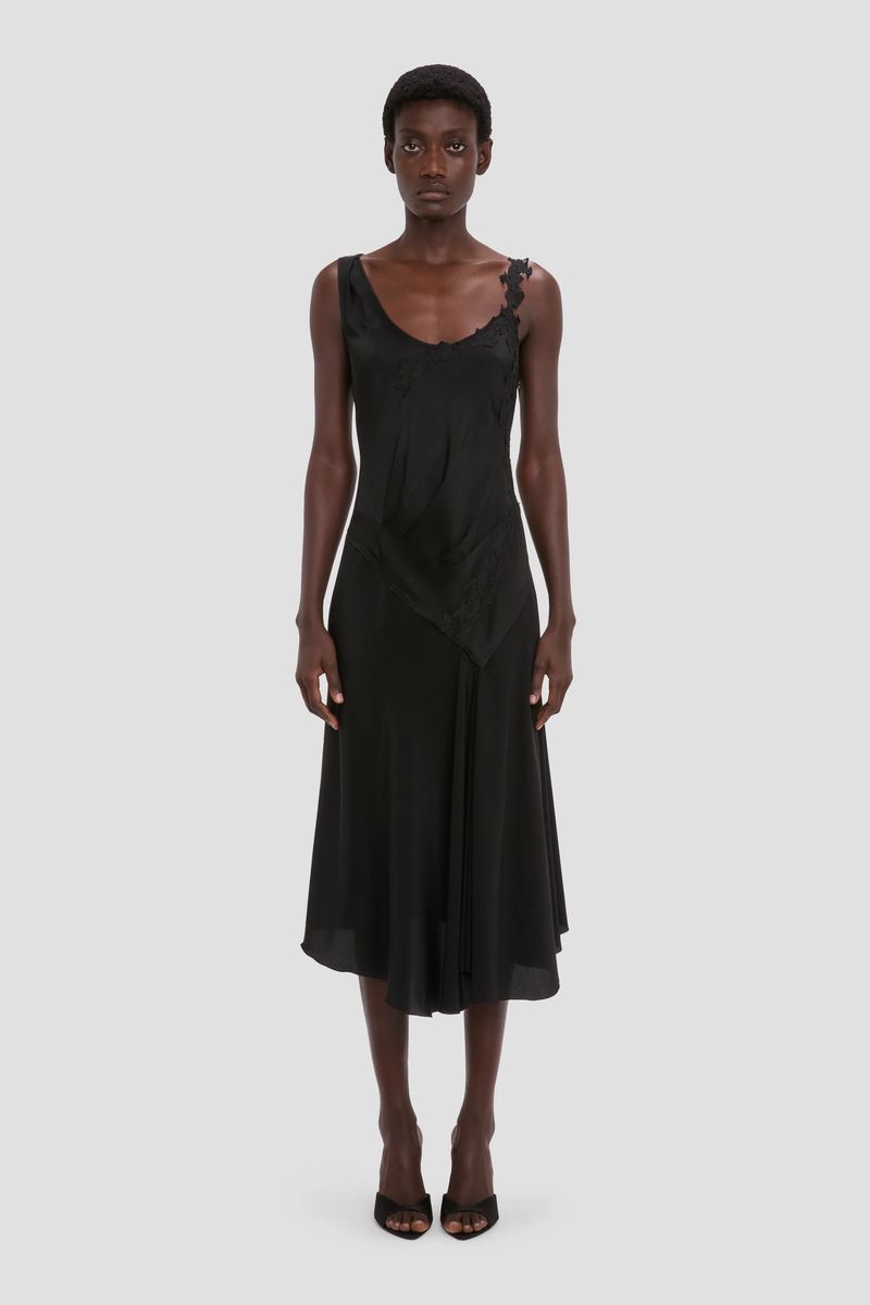 Asymmetrisches Satin-Slipkleid mit Spitze