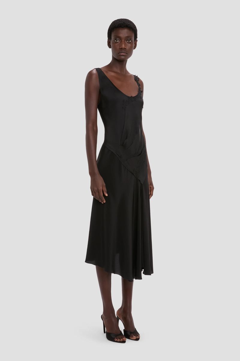 Asymmetrisches Satin-Slipkleid mit Spitze