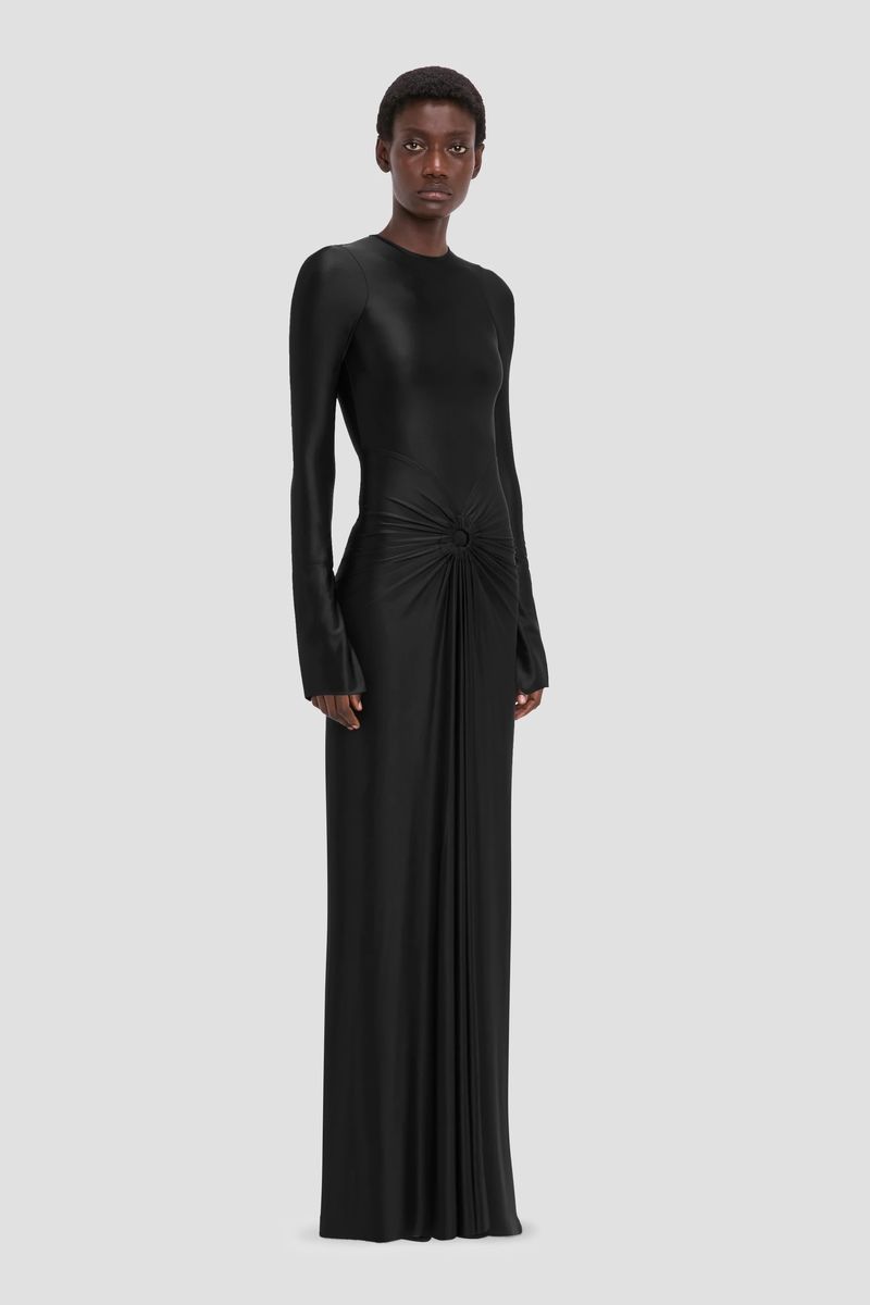 Langärmeliges Abendkleid mit Ring-Raffung