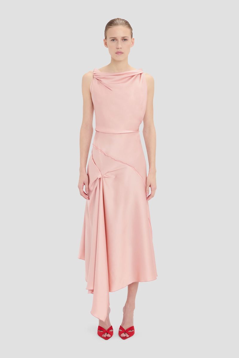 Asymmetrisches Drapiertes Satin-Midikleid