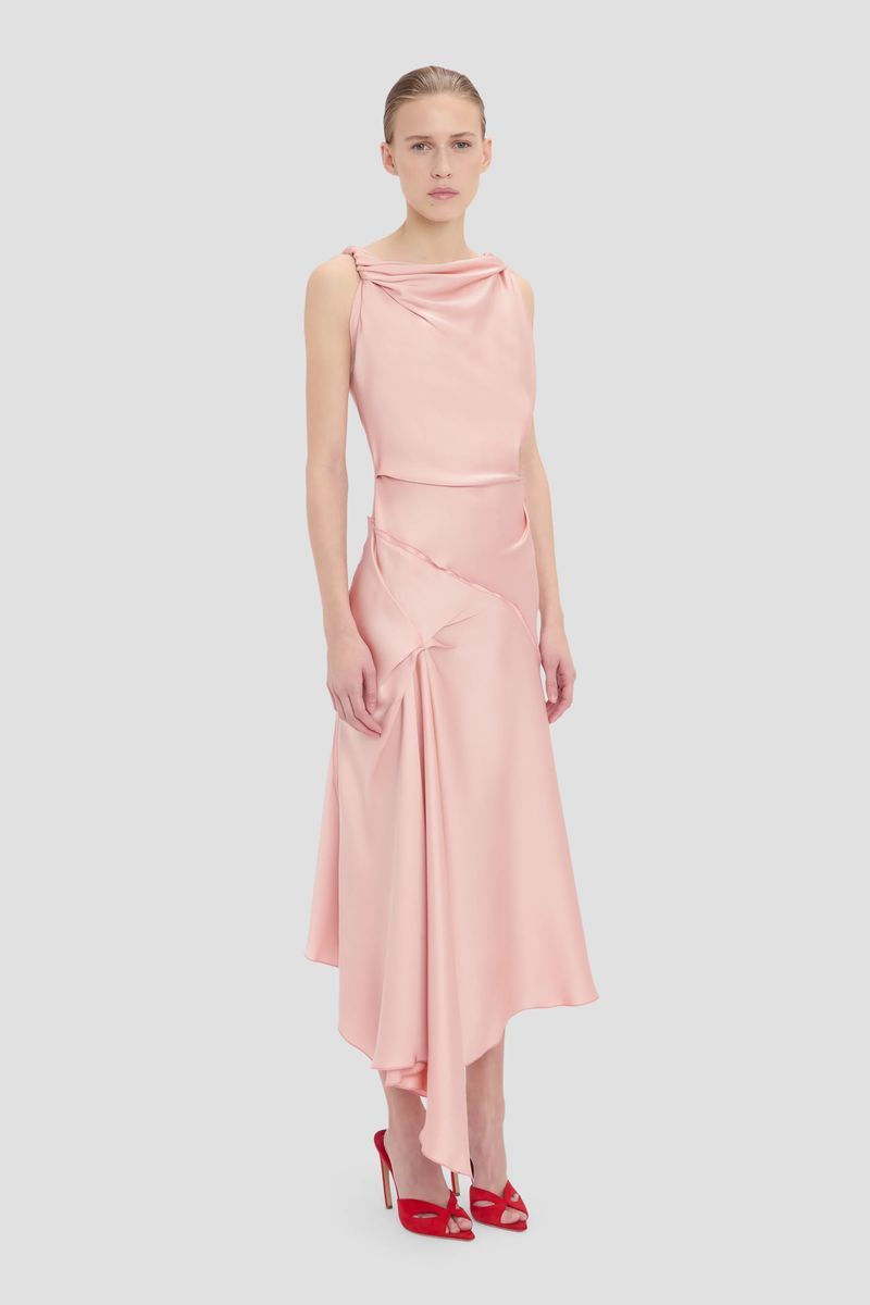 Asymmetrisches Drapiertes Satin-Midikleid