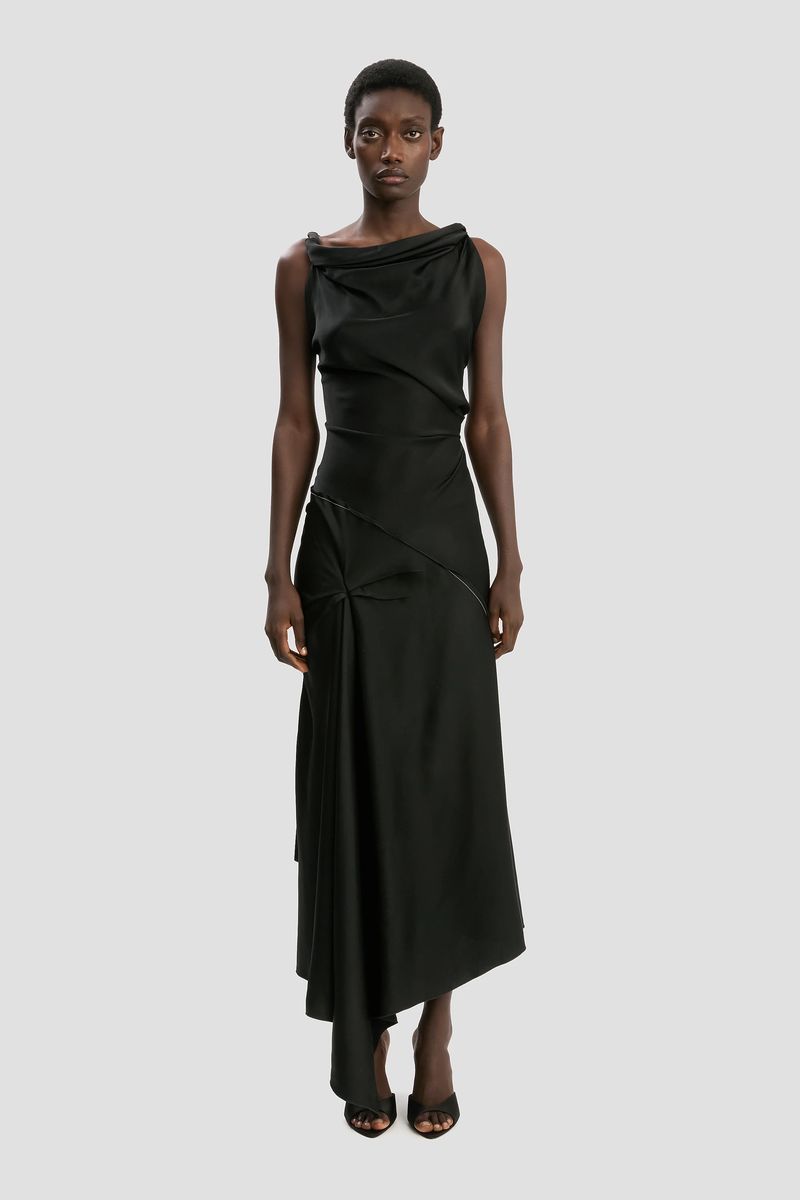 Drapiertes asymmetrisches Satin-Midikleid