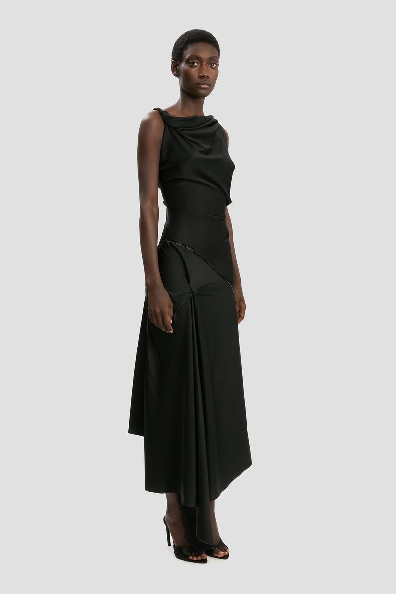 Drapiertes asymmetrisches Satin-Midikleid