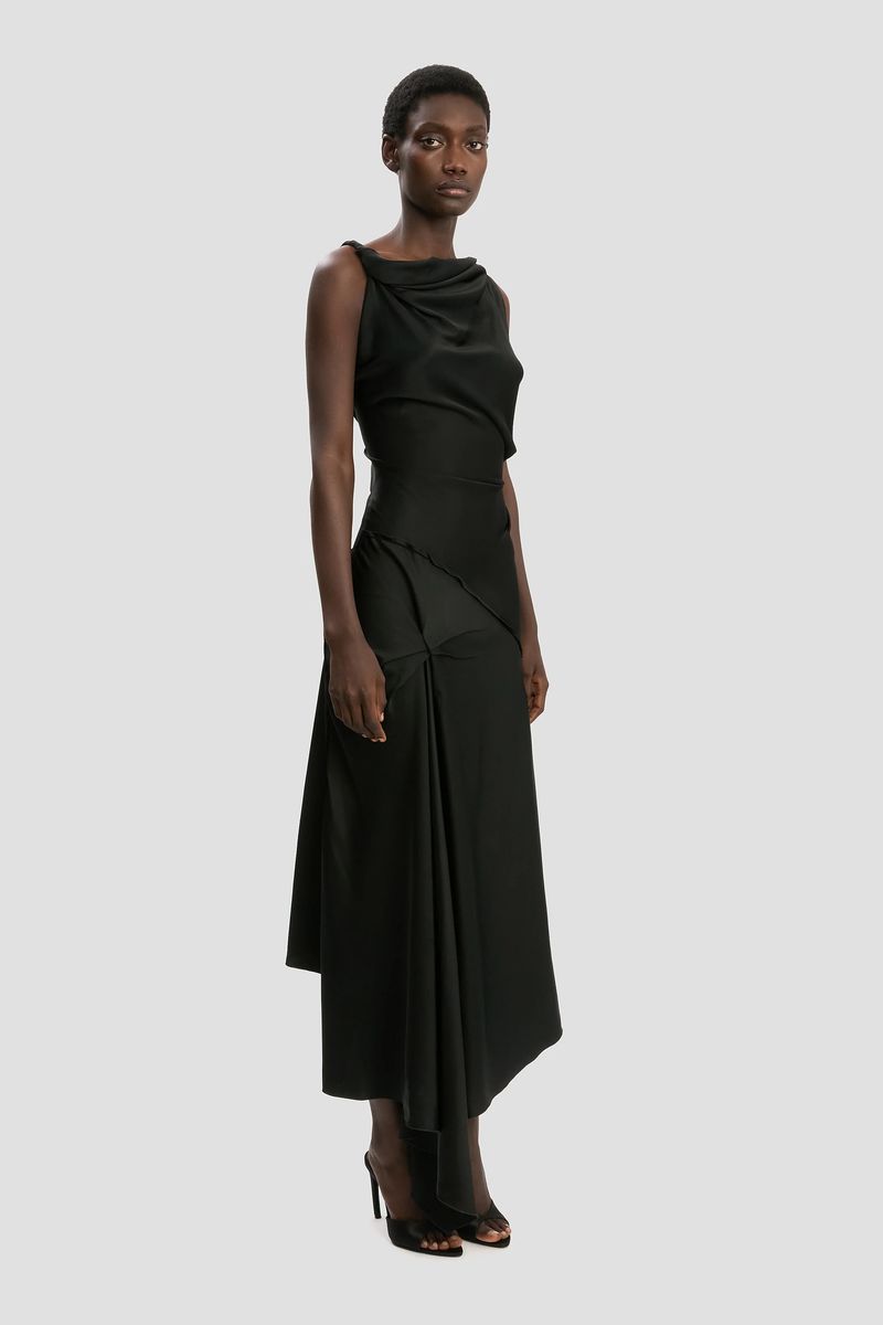 Drapiertes asymmetrisches Satin-Midikleid