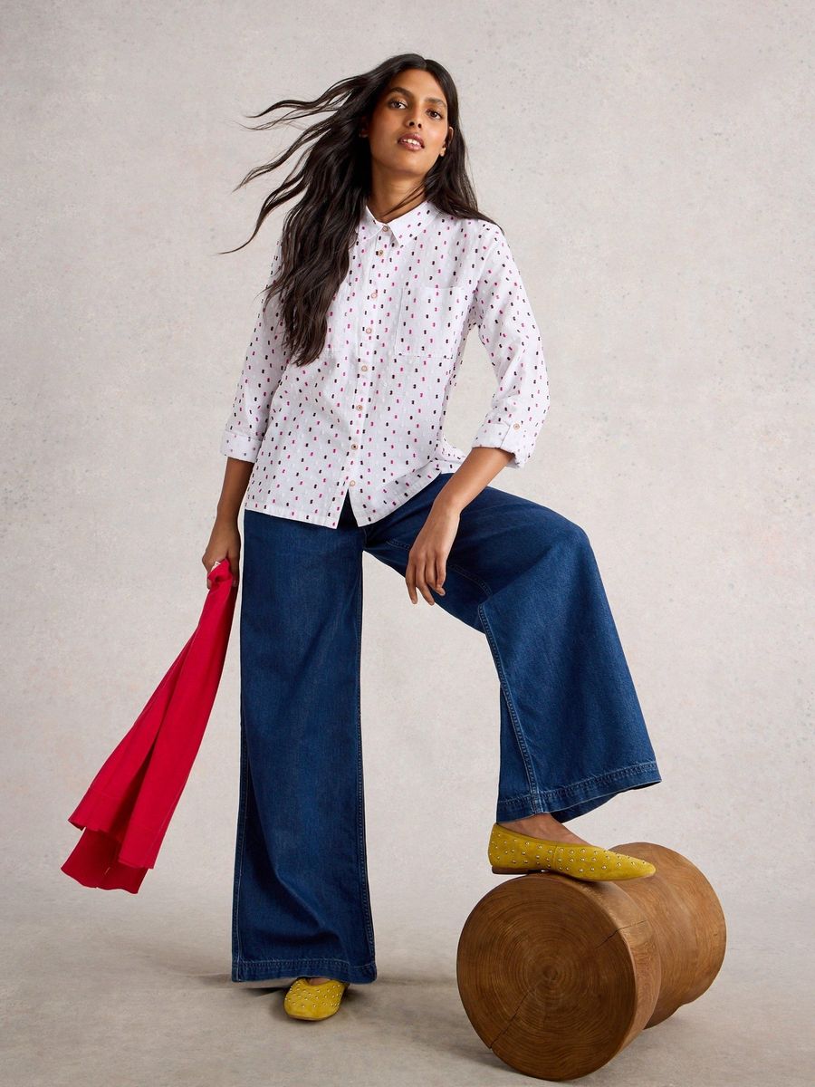 Bestickte Baumwollbluse mit Viereck-Muster