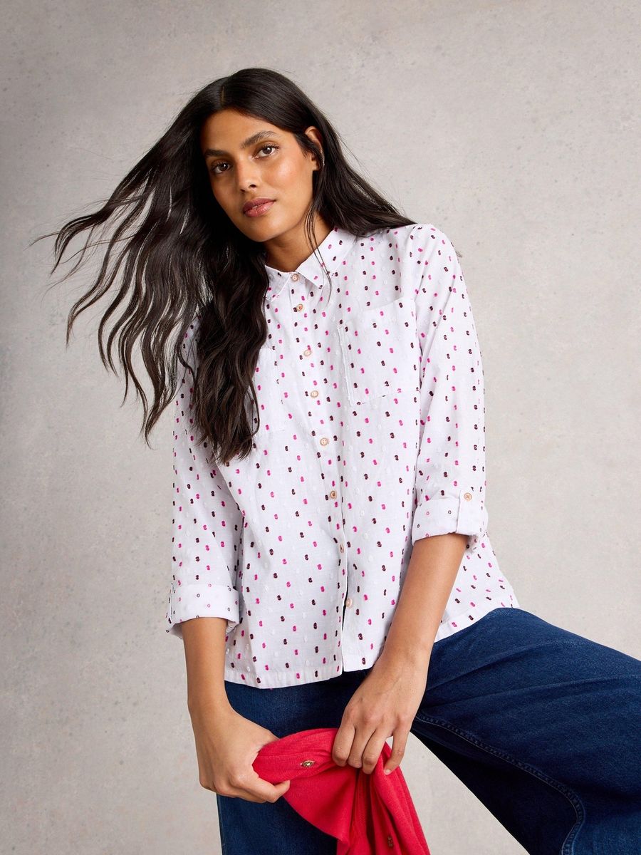 Bestickte Baumwollbluse mit Viereck-Muster