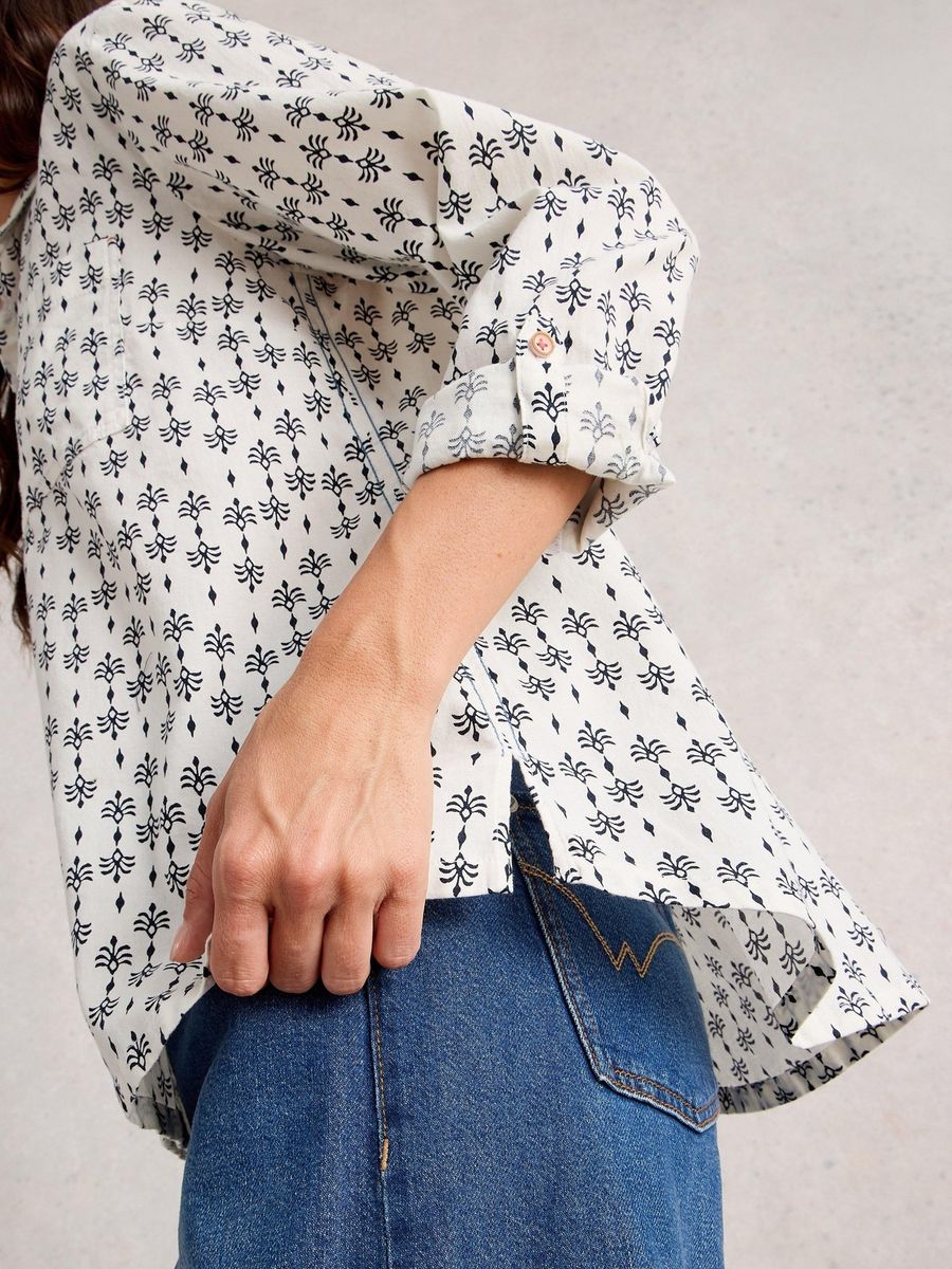 Bestickte Baumwollbluse mit Viereck-Muster