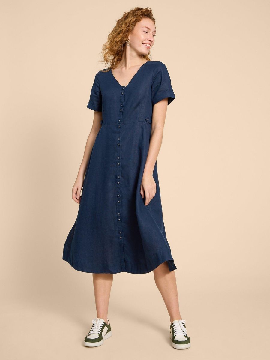 Kurzärmeliges Leinen-Midikleid mit Knopfleiste
