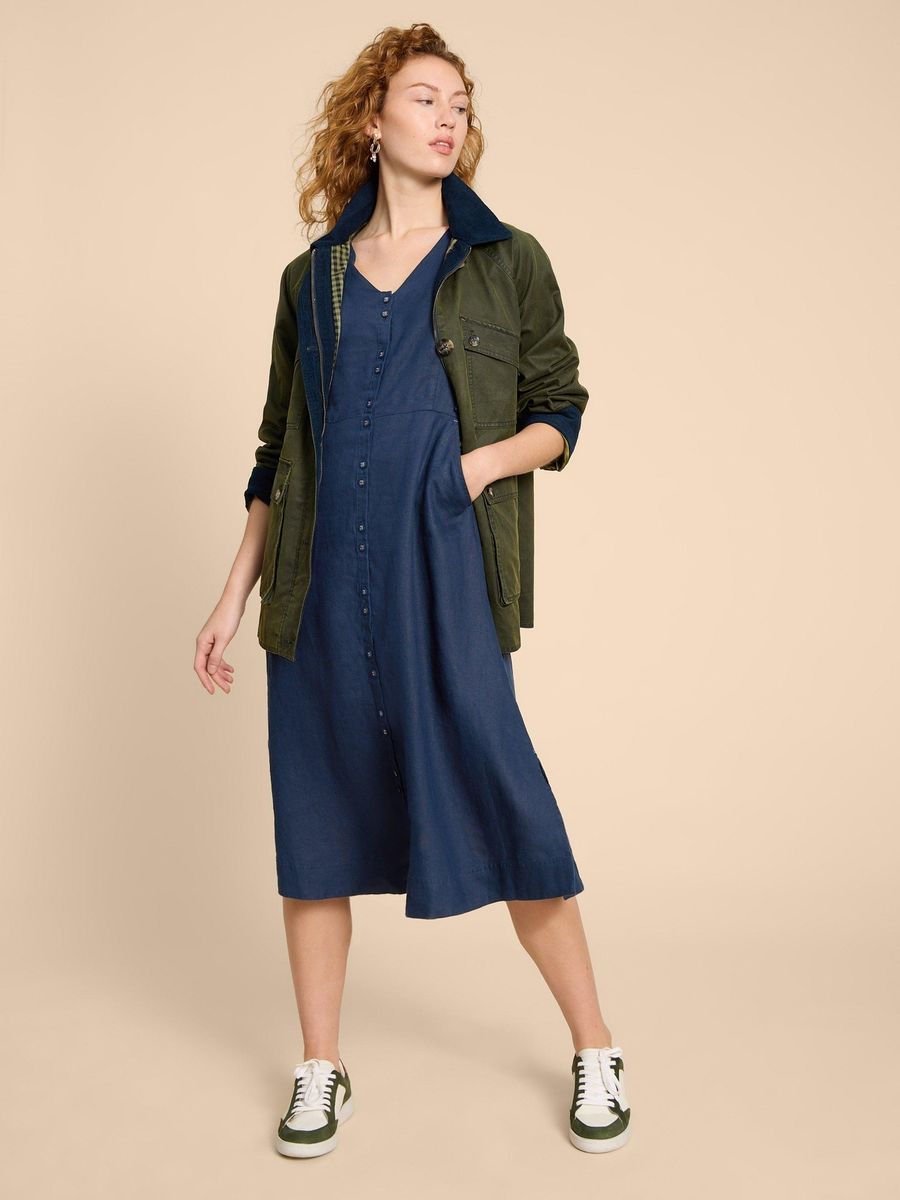 Kurzärmeliges Leinen-Midikleid mit Knopfleiste