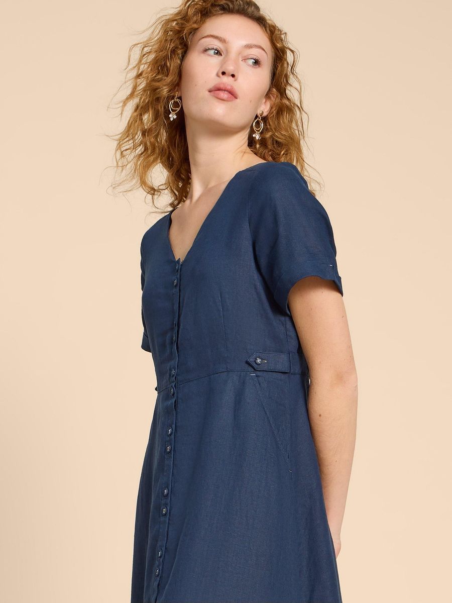 Kurzärmeliges Leinen-Midikleid mit Knopfleiste
