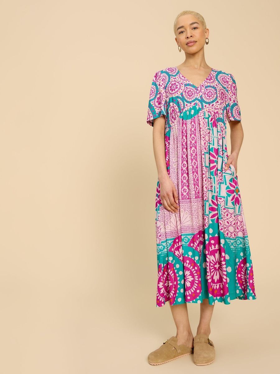 Bohemian Midikleid mit Patchwork-Muster