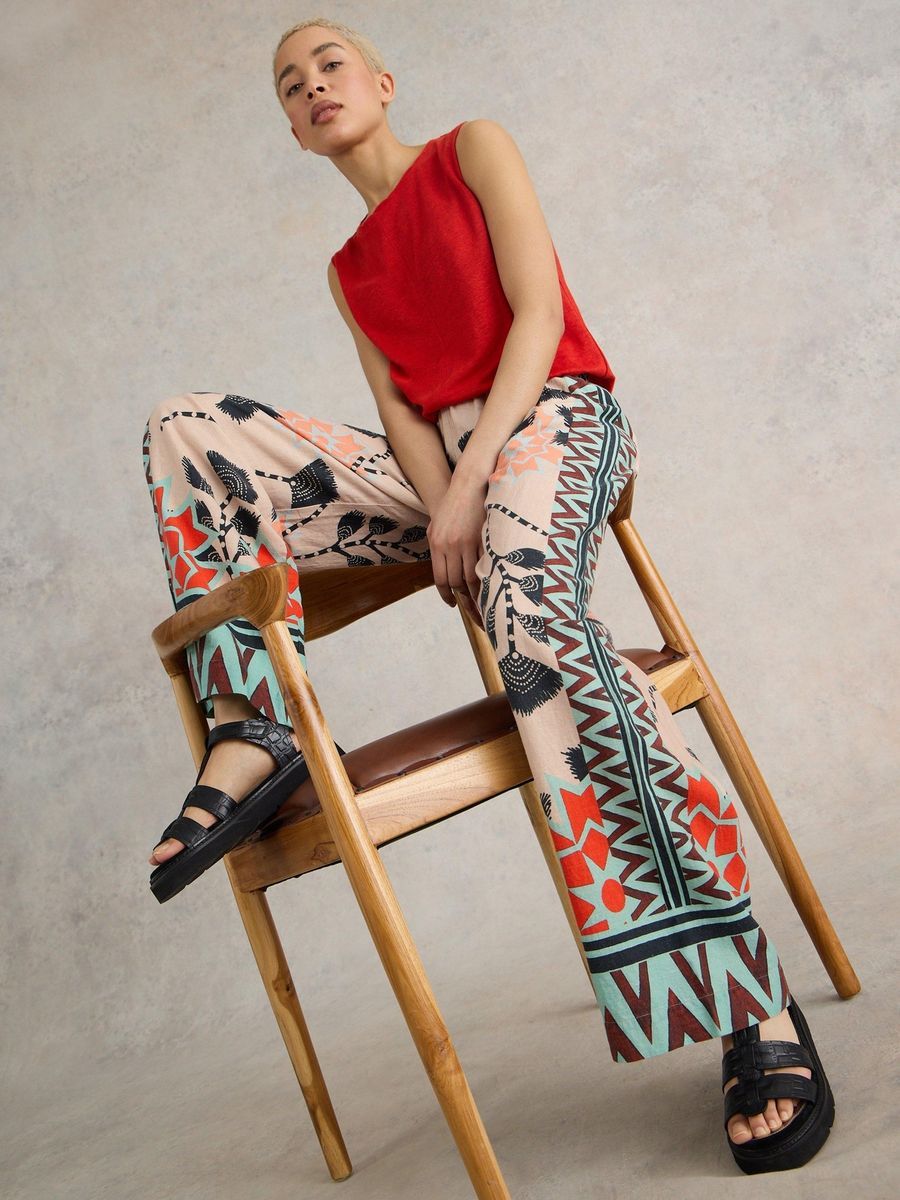 Weite Leinenhose mit Bohemian-Print