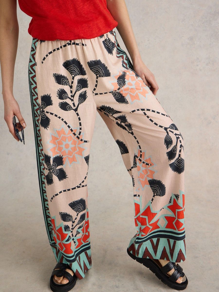 Weite Leinenhose mit Bohemian-Print