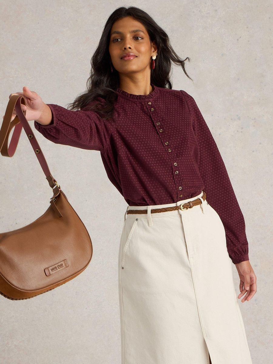 Gepunktete Cordbluse mit Rüschenkragen