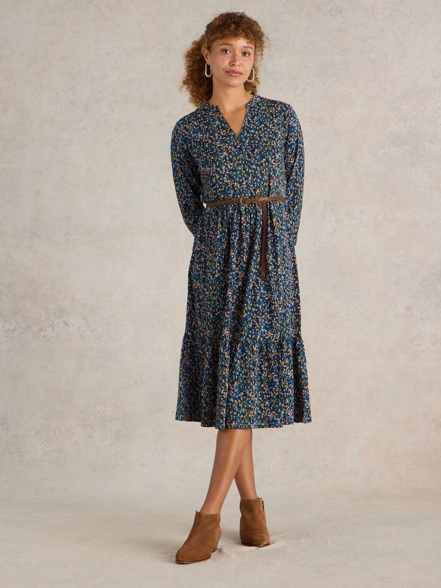Gemustertes Jersey-Midikleid mit Gürtel