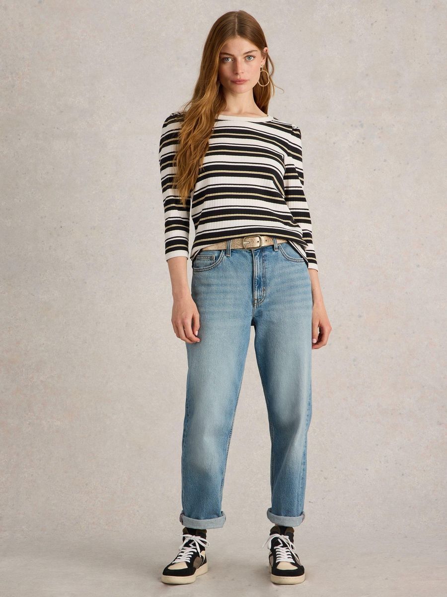 Gestreiftes Rippshirt mit Puffärmeln