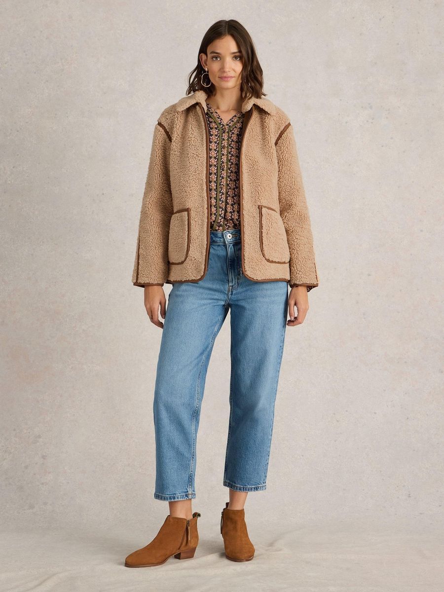 Strukturierte Teddyfell-Jacke mit Besatz