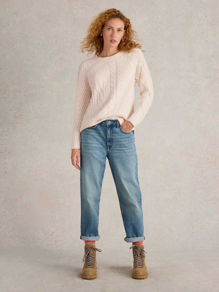 Patchwork-Strickpullover mit Zopfmuster