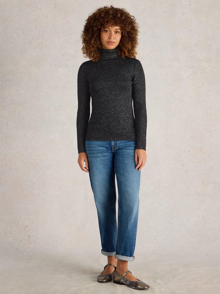Glitzernder Rippstrick-Rollkragenpullover