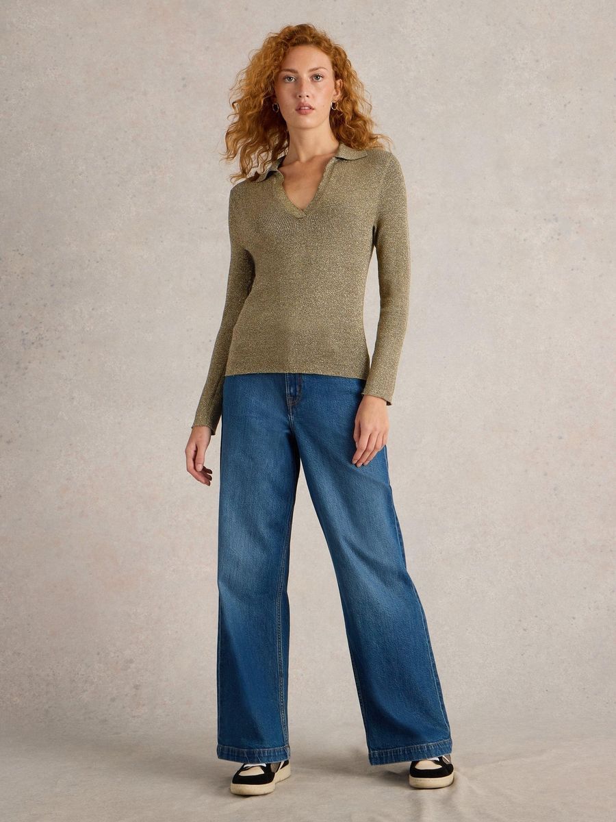 Gerippter Metallic-Polopullover
