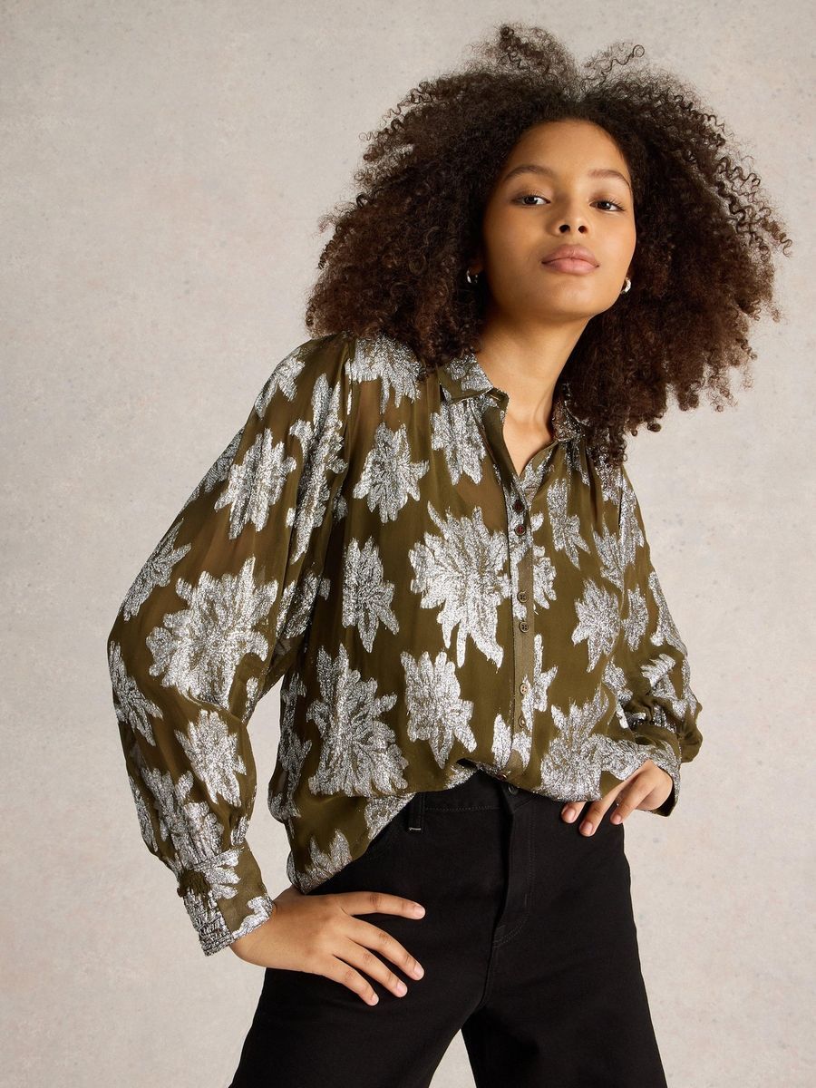 Transparente Jacquard-Bluse mit Silberblumen