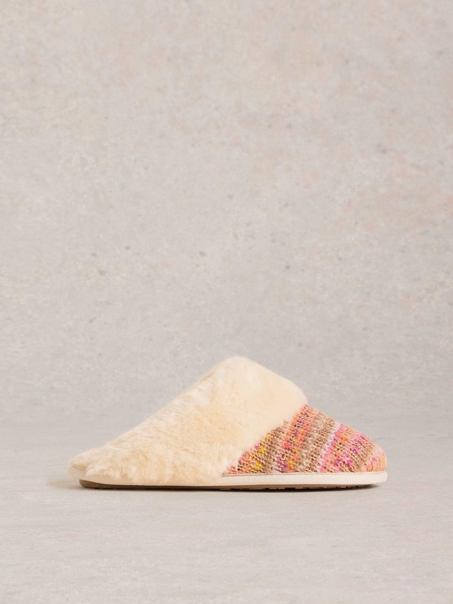 Gestrickte Bunte Hausschuhe mit Kunstfell