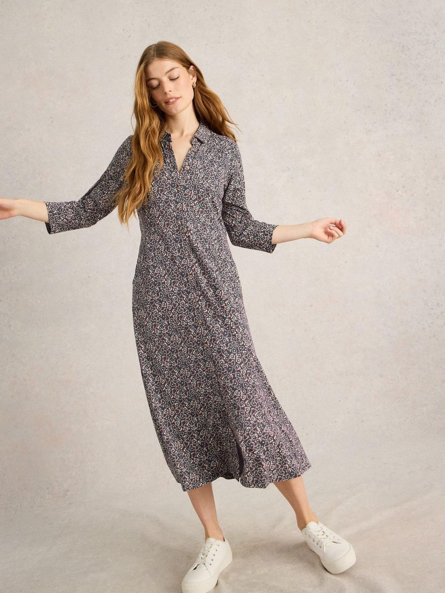 Geblümtes Jersey-Hemdblusenkleid in Midi-Länge