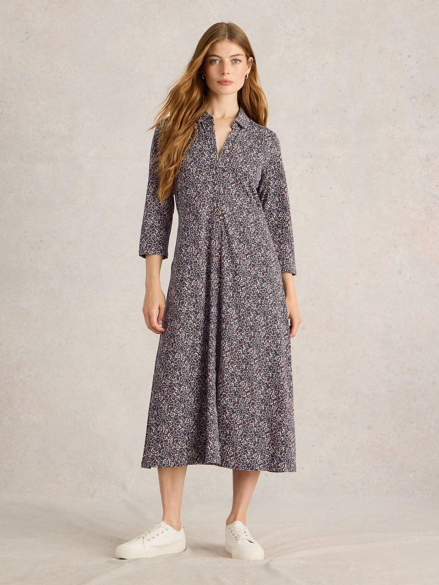 Geblümtes Jersey-Hemdblusenkleid in Midi-Länge