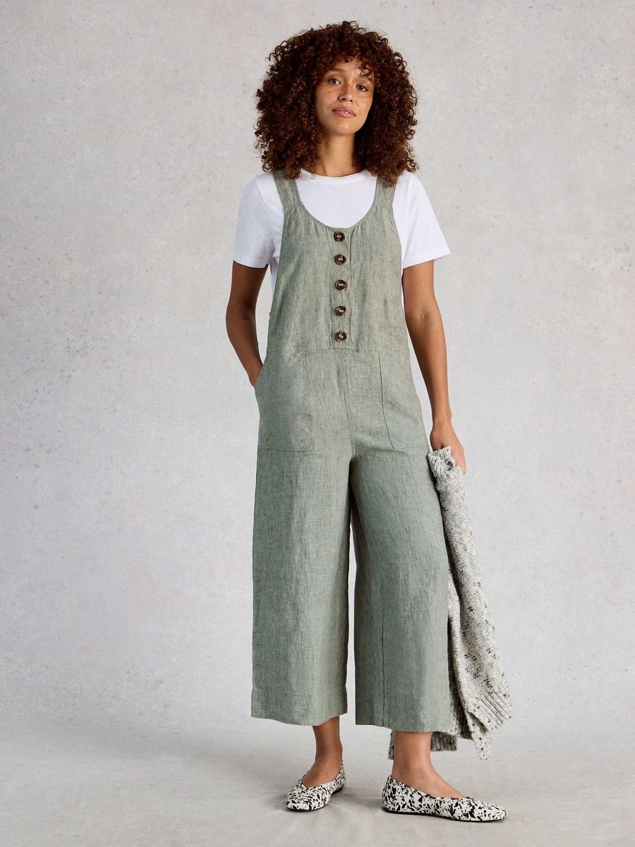 Leinen-Latzhose mit Knopfleiste und weitem Bein