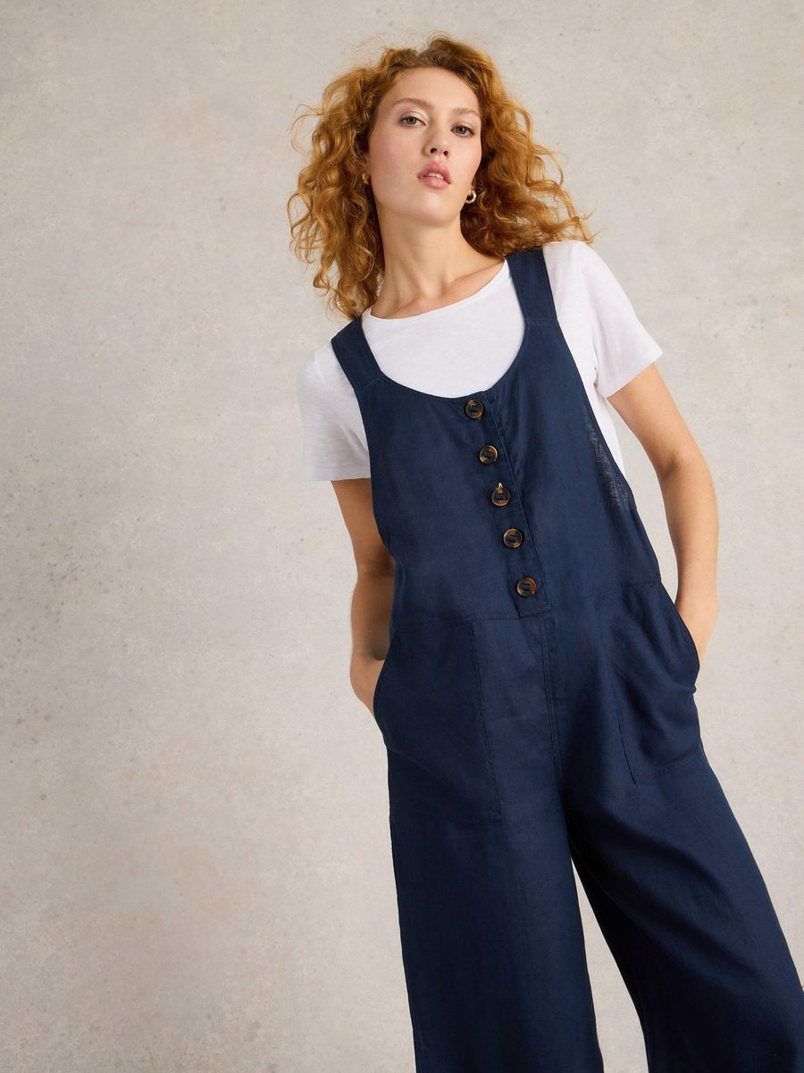 Leinen-Latzhose mit Knopfleiste und weitem Bein