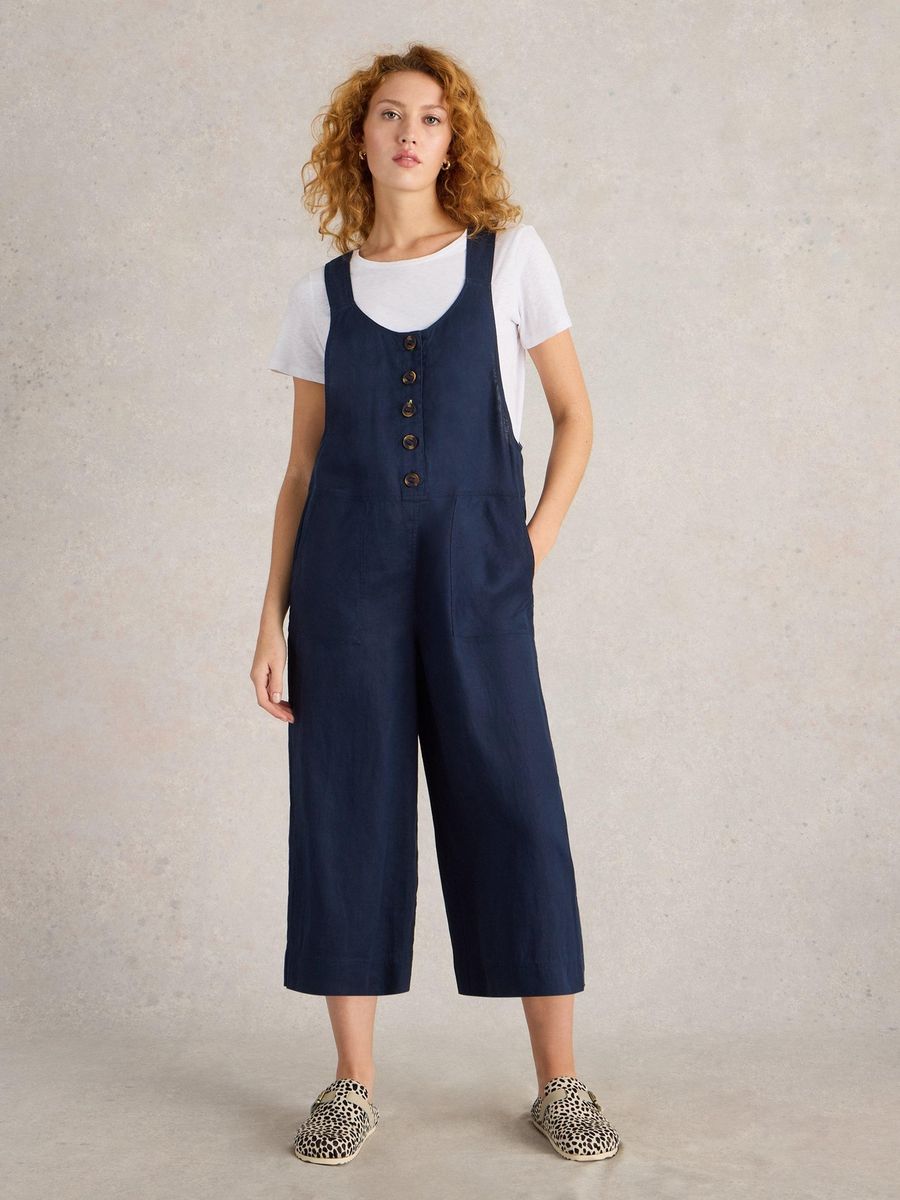 Leinen-Latzhose mit Knopfleiste und weitem Bein