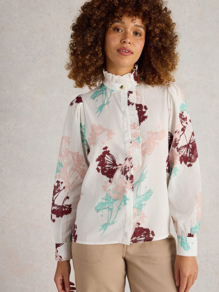 Hochgeschlossene Rüschenbluse mit Blumenprint
