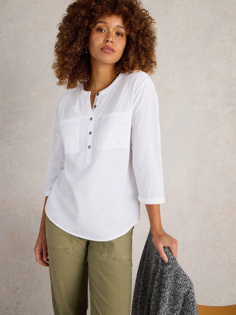 Kragenloses 3/4-Arm Baumwollshirt