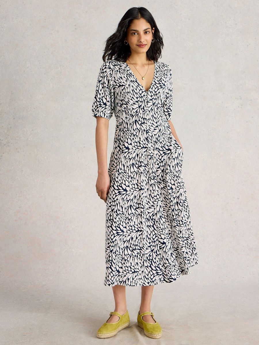 Bedrucktes Jersey-Midikleid mit V-Ausschnitt
