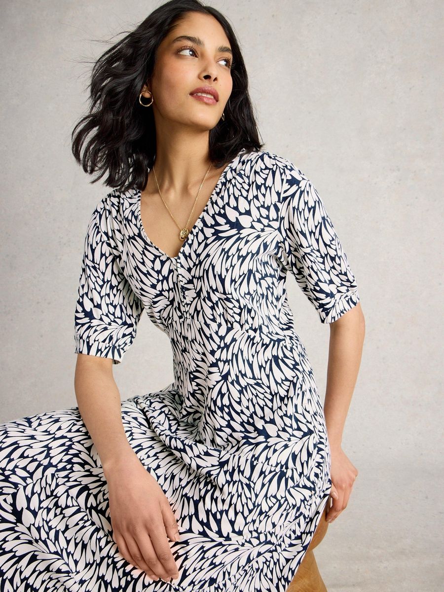 Bedrucktes Jersey-Midikleid mit V-Ausschnitt