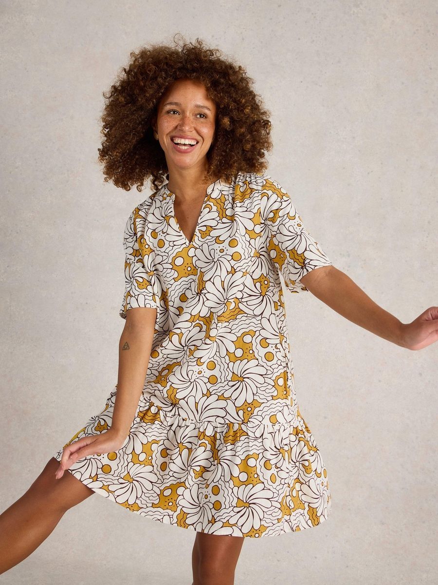 Retro-Minikleid mit Blumenmuster aus Leinenmischung