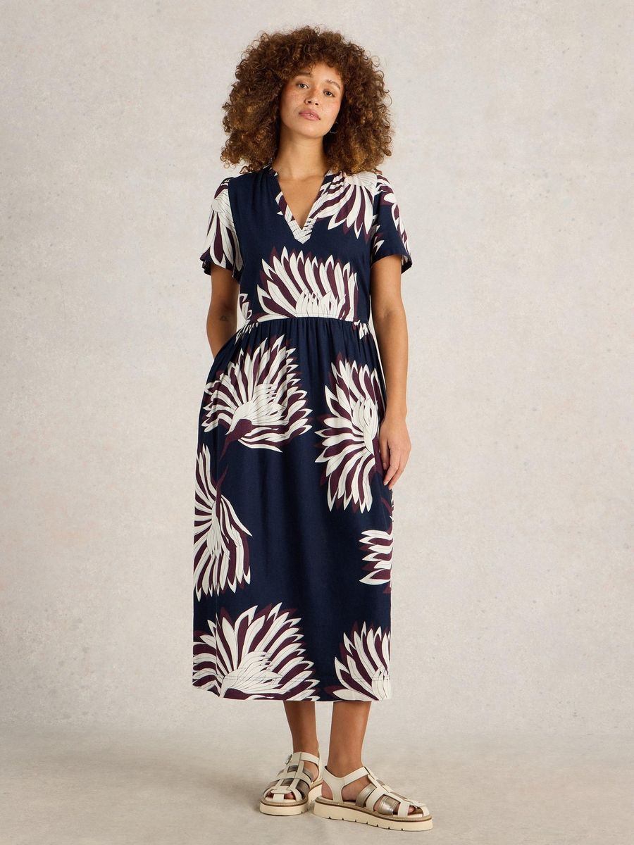 Midi-Kleid mit Blumenmuster aus Leinenmischung