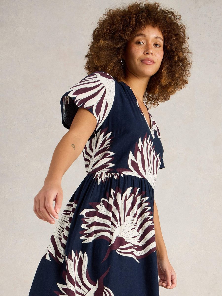 Midi-Kleid mit Blumenmuster aus Leinenmischung